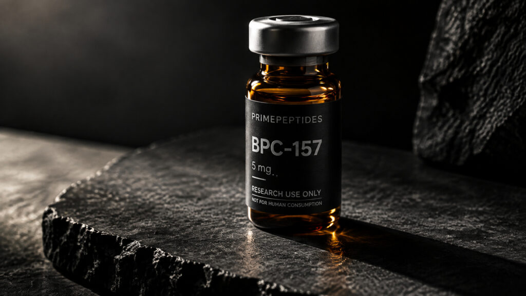 Close-up of a BPC-157 research peptide bottle on a dark textured surface, highlighting its label and amber glass container.