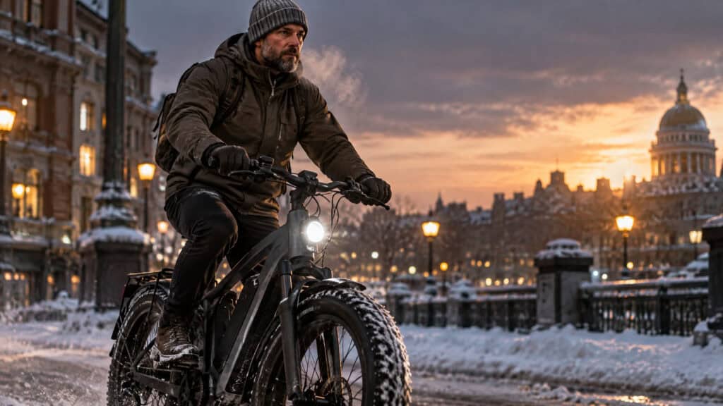 Man riding a bicycle through a snow-covered city street at sunset, with historic buildings and a domed government building in the background.