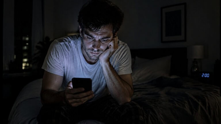 A man sitting on a bed in a dark room, illuminated by the glow of his smartphone screen, appearing focused and concerned.