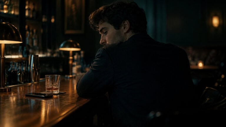 A man with dark hair and a black suit sitting alone at a dimly lit bar, looking contemplative with a glass of whiskey in front of him.
