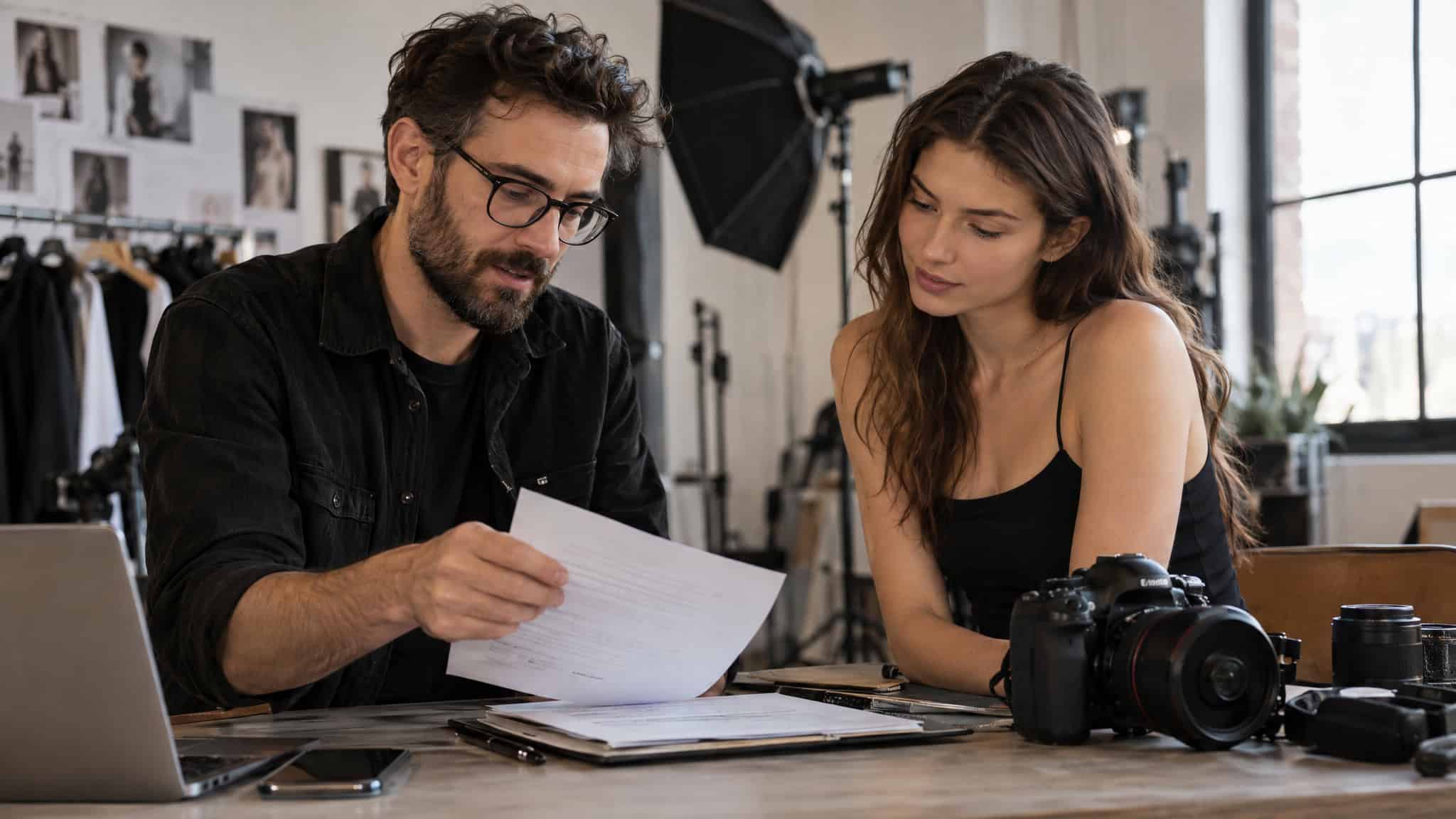 Photographer and model signing a written collaboration agreement to establish content copyright ownership